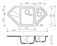 Marmorin TORRO 980 Metalik Siyah P_Z_090_61_0980_736632 Granit Köşe Evye 1,5 Gözlü Damlalıklı - Marmorin (1)