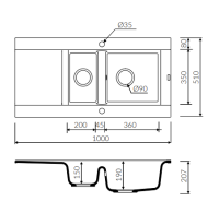 Marmorin VOGA II 1000 Metalik Siyah P_Z_097_51_1000_8fdc82 Granit Eviye 1,5 Gözlü Damlalıklı - Marmorin (1)